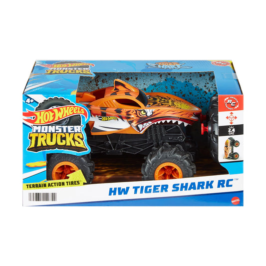 Hot Wheels Monster Trucks Remote Control Car, HW Tiger Shark in 1:24 Scale, All-Terrain Capabilities with Terrain Action Tires, Full Function RC, HNV03