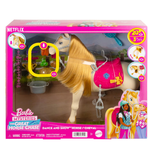 Barbie horse toy with sounds, music, and accessories, featuring moving, dancing, and blinking eyes in vibrant colors.