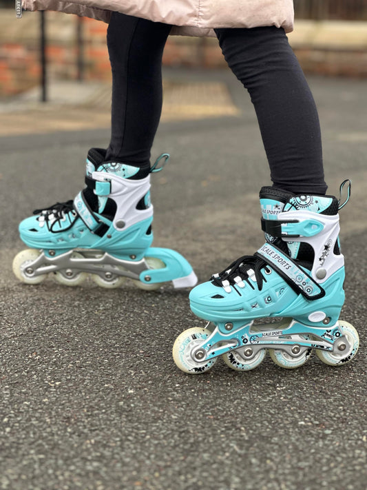 Scale Sports - Adjustuble Roller Skates with light up wheels for children and adults - Kids Inline Roller Skates (mint, UK 5-7 (EU 38-41) L)