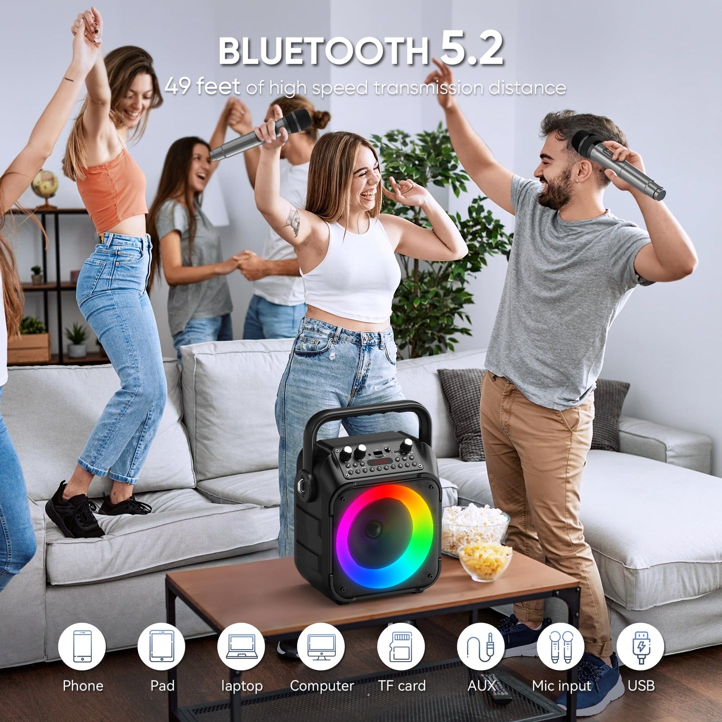 Wowstar portable karaoke machine with two wireless microphones, LED lights, Bluetooth speaker, TF card, USB, AUX, FM, and TWS support.