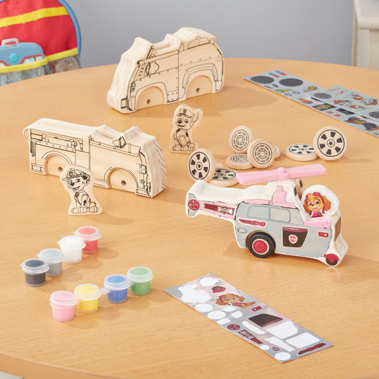 Melissa & Doug PAW Patrol Wooden Vehicles Craft Kit – 3 Decorate Your Own Vehicles with Paint & Stickers – Includes Chase, Marshall & Skye Play Figures – Creative Toy for Kids Age 4+