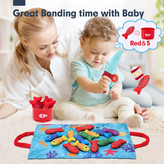 hahaland Montessori Toys for 1 Year Old, 10 in 1 Fabric Fishing Game for Kids Baby Toys for 1 2 3 Year Old Boys Girls, with Stacking Cups- Number Counting, Color Sorting, Shape Learning Baby Gifts