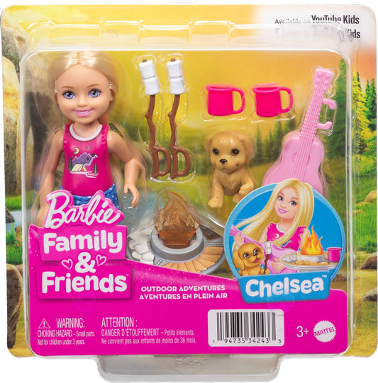 Barbie Chelsea Outdoor Adventures Playset, Family & Friends Set with Small Blonde Doll, Pet Puppy & 5+ Camping Accessories, JJV61