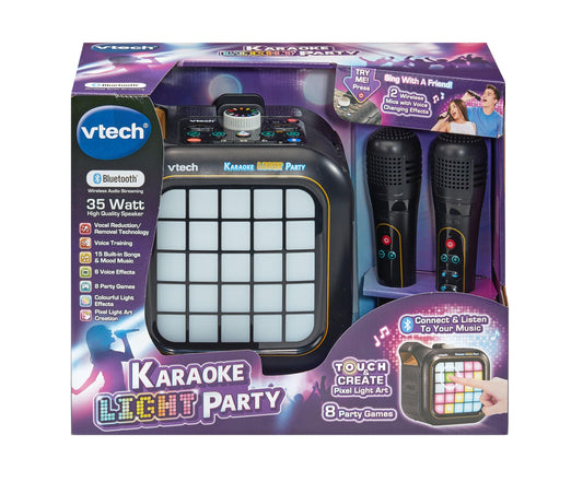 VTech Karaoke Light Party machine with two wireless microphones, Bluetooth speaker, light show, and game controls for teens.