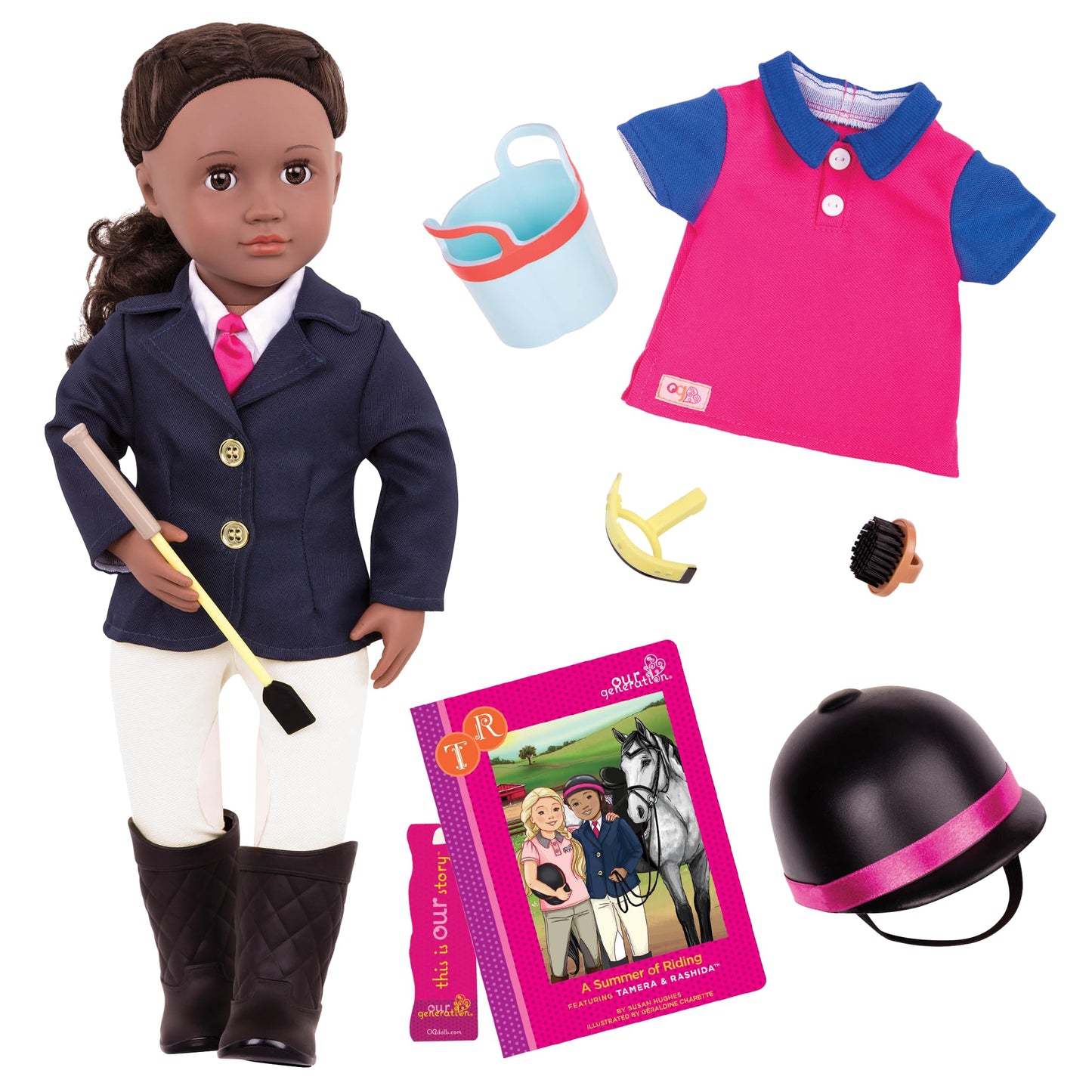 Our Generation Rashida Deluxe Horse Riding Doll in riding outfit with horse gear and accessories in a vibrant outdoor setting.
