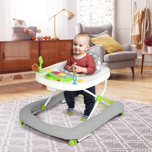 Hadibio Baby Walker in grey with foldable design, adjustable height, music, lights, removable play tray, converts to push along and feeding seat