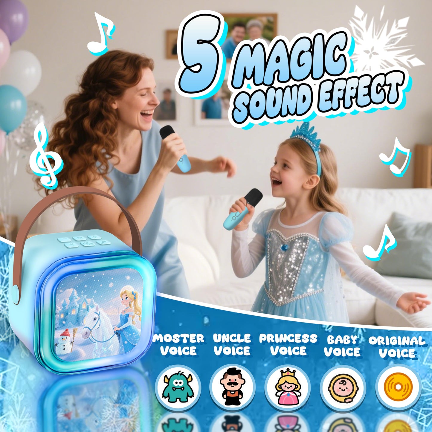 Omiowl girls birthday gift set with Frozen princess karaoke machine and two microphones, perfect for kids aged 3 to 8.
