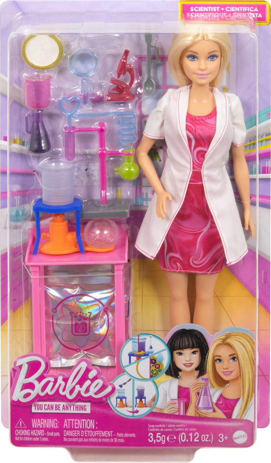 Barbie Scientist doll with blonde hair, lab table, microscope, color-change beaker, and petri dish accessories.