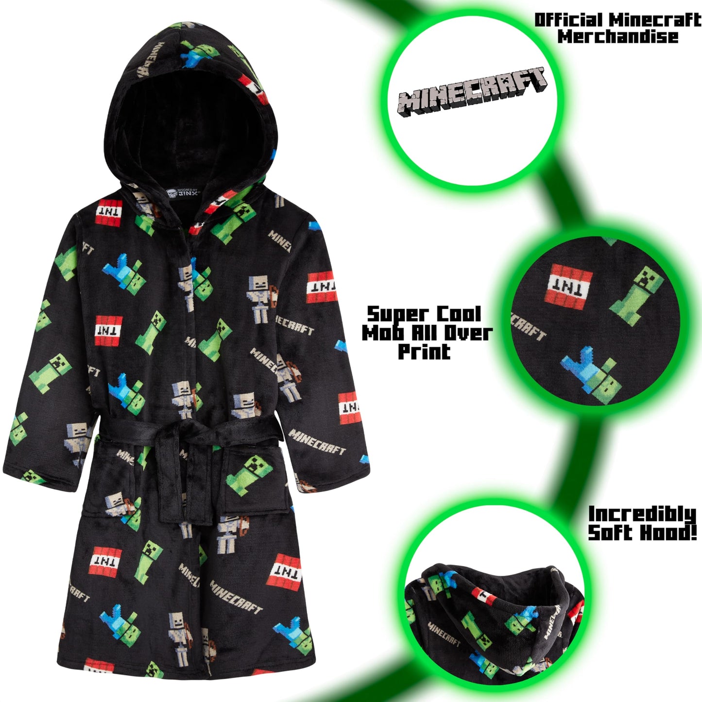 Minecraft Dressing Gown for Boys Fleece Hooded Bathrobe with Pockets Creeper Loungewear Nightwear Teens Gamer Gifts for Boys (13-14 Years, Black)