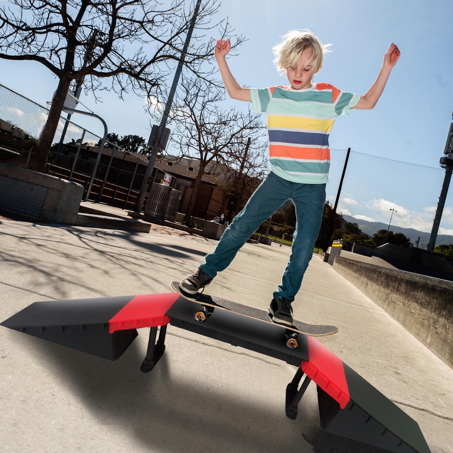 The Magic Toy Shop Skate Ramp Set - 6 Assembly Variations, Red & Black, Anti Slip, Modular & T-Lock System, Easy Setup - Outdoor Adventure for Kids with Bikes, Scooters, Skateboards, RC Cars