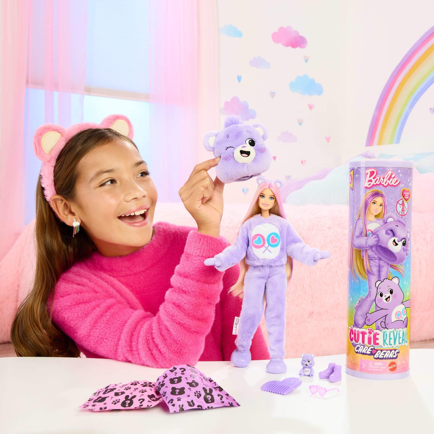 Barbie Cutie Reveal Doll & Accessories, Care Bears Series with Share Bear Plush Costume & 10 Surprises Including Color Change & Mini Bear, JCN94
