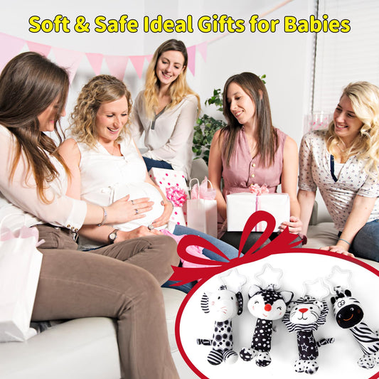 Growithu baby pram toys set with black and white sensory hanging animal toys for newborns 0-6 months in a four-piece package.