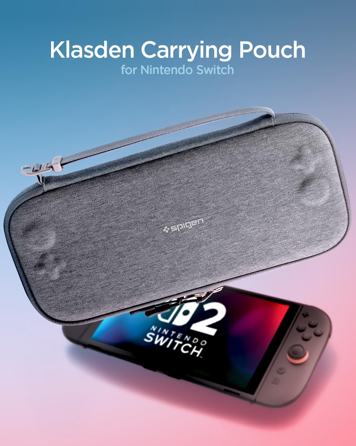 Spigen Klasden Pouch 2 for Nintendo Switch 2 in charcoal gray, compact travel case with 12 game slots, rear grip, and G hook.