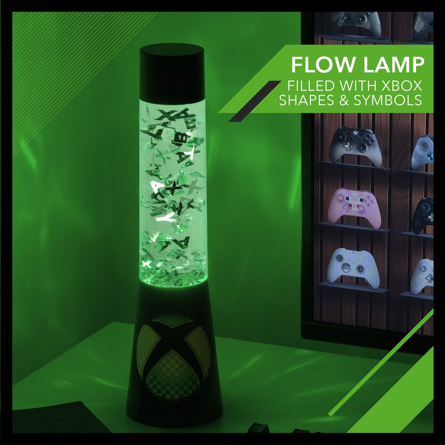 Paladone Xbox Glitter Liquid Flow Lamp with floating controller icons, themed night light for game room and bedroom decor.