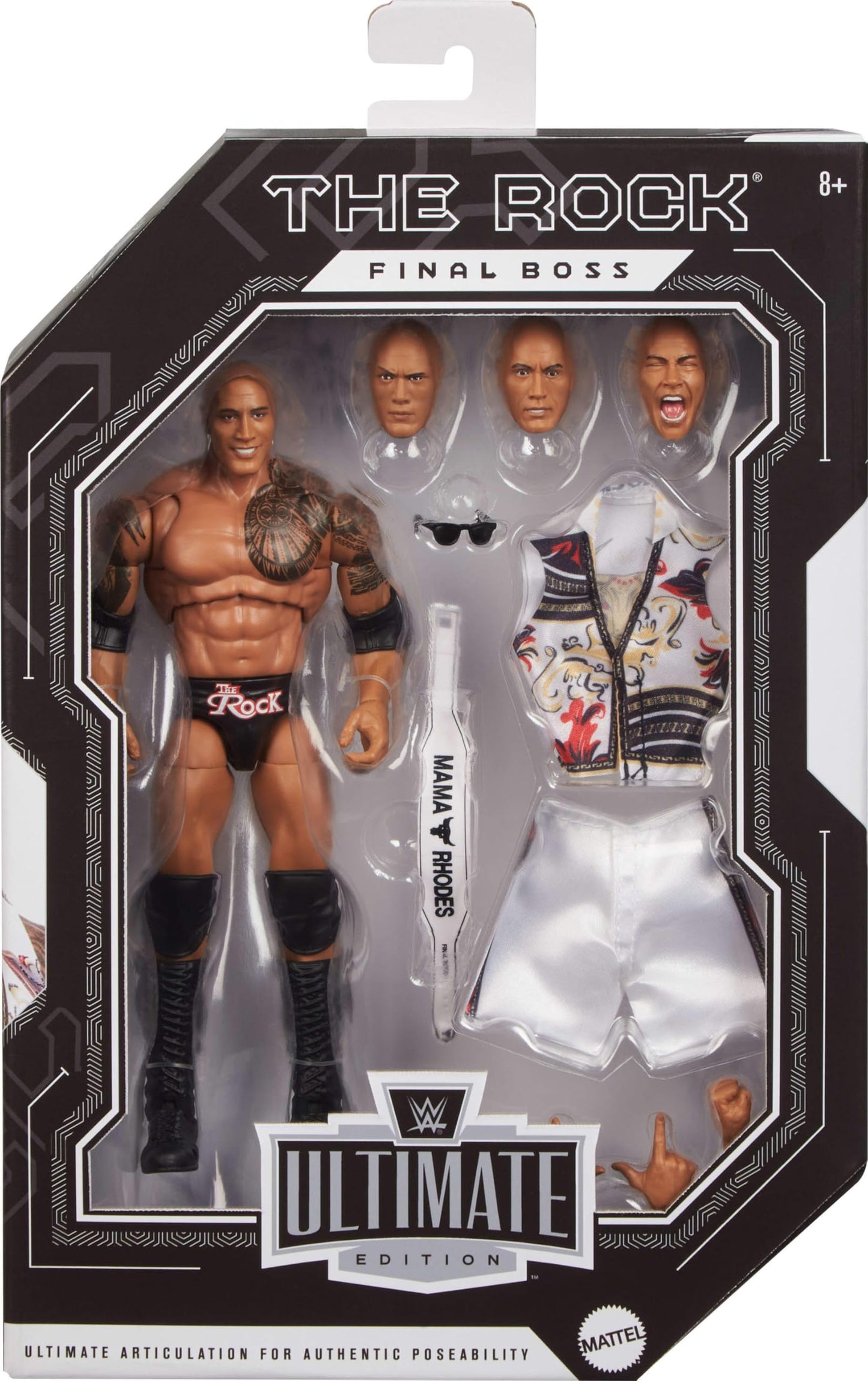 Mattel WWE Ultimate Edition Action Figure & Accessories Set, The Rock Final Boss 6-inch Collectible with Swappable Heads & Hands, 30 Articulation Points, JKD32