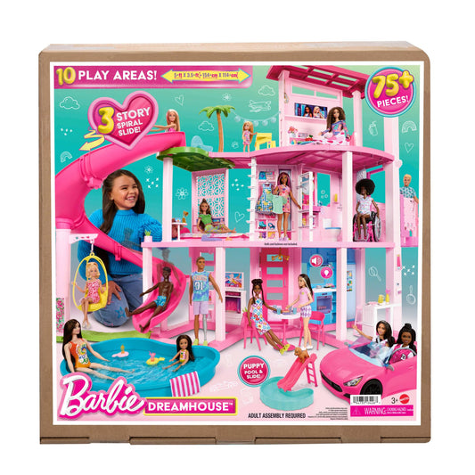 Barbie Dreamhouse with 3 storeys, pool, slide, elevator, and 75 accessories for imaginative play.