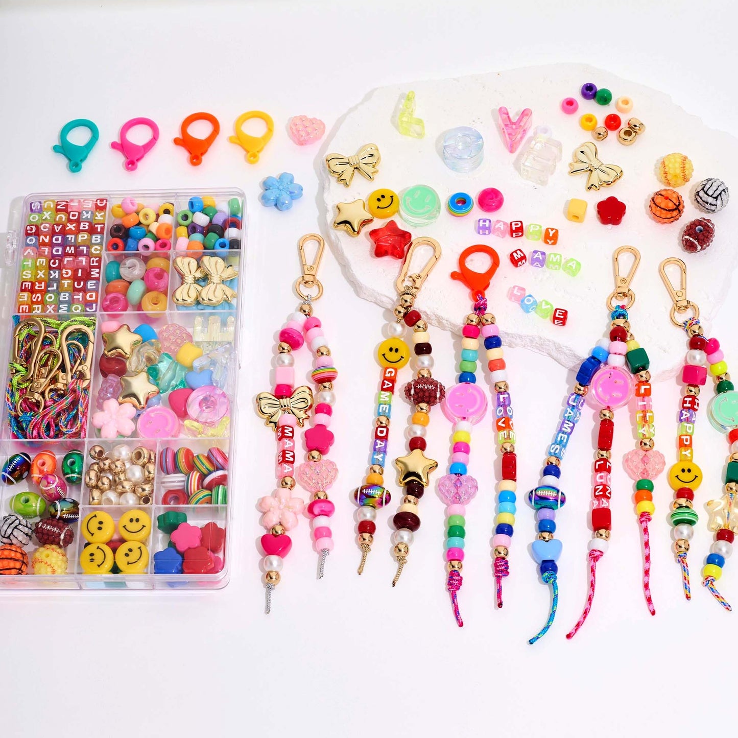 TOVABA Keychain Making Kit for Kids and Adults - Jewelry Bead Craft Set with Colorful Beads, Letters, Charms, Keyrings, and Tools for DIY Accessories