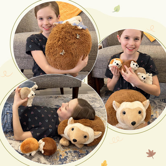 MorisMos Big Hedgehog Teddy Soft Toy, 35cm Mom with 4 Cuddly Baby Inside, Giant Fluffly Hedgehog Stuffed Animal Realistic Kawaii Gift for Kids Birthday Deco