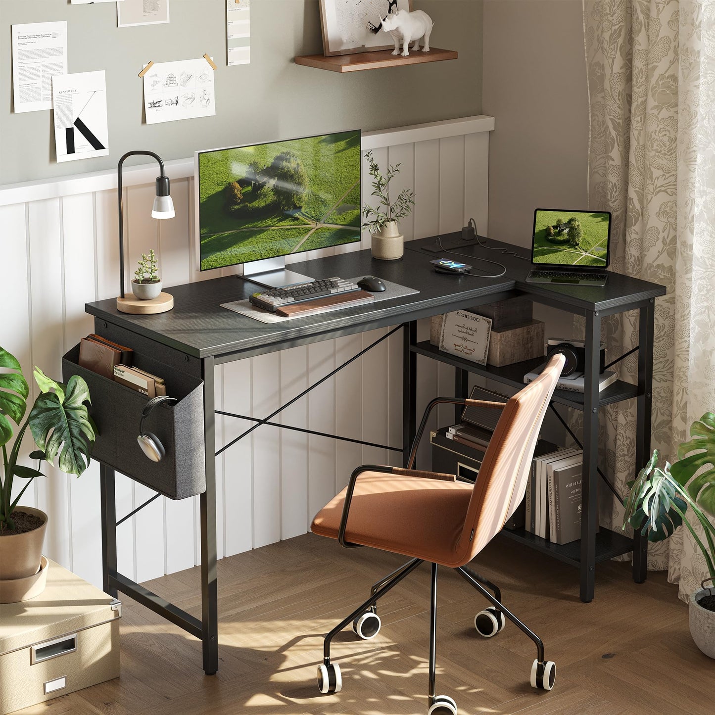 BEXEVUE L Shaped Gaming Desk with Power Outlets, 100x70 cm Computer Desk with Storage Bag, Office Desk Small Writing Table with Large Reversible Storage Shelves, Workstation Study Home Office, Black