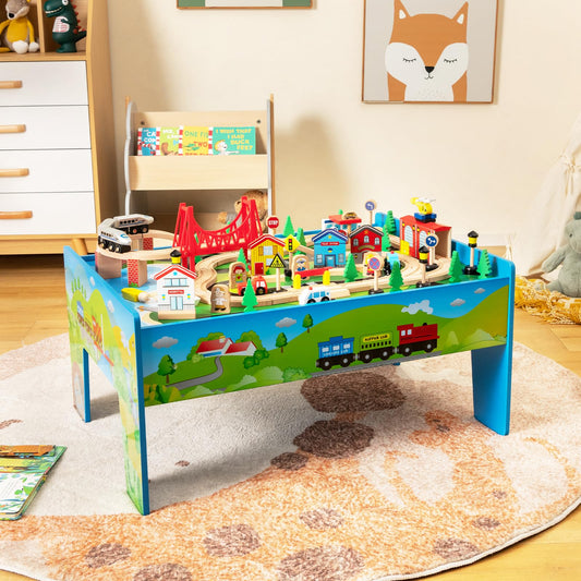 COSTWAY Train Track Set and Table, Wood Kids Play Tables with Abundant Accessories, DIY Railway Activity Playset for Boys Girls