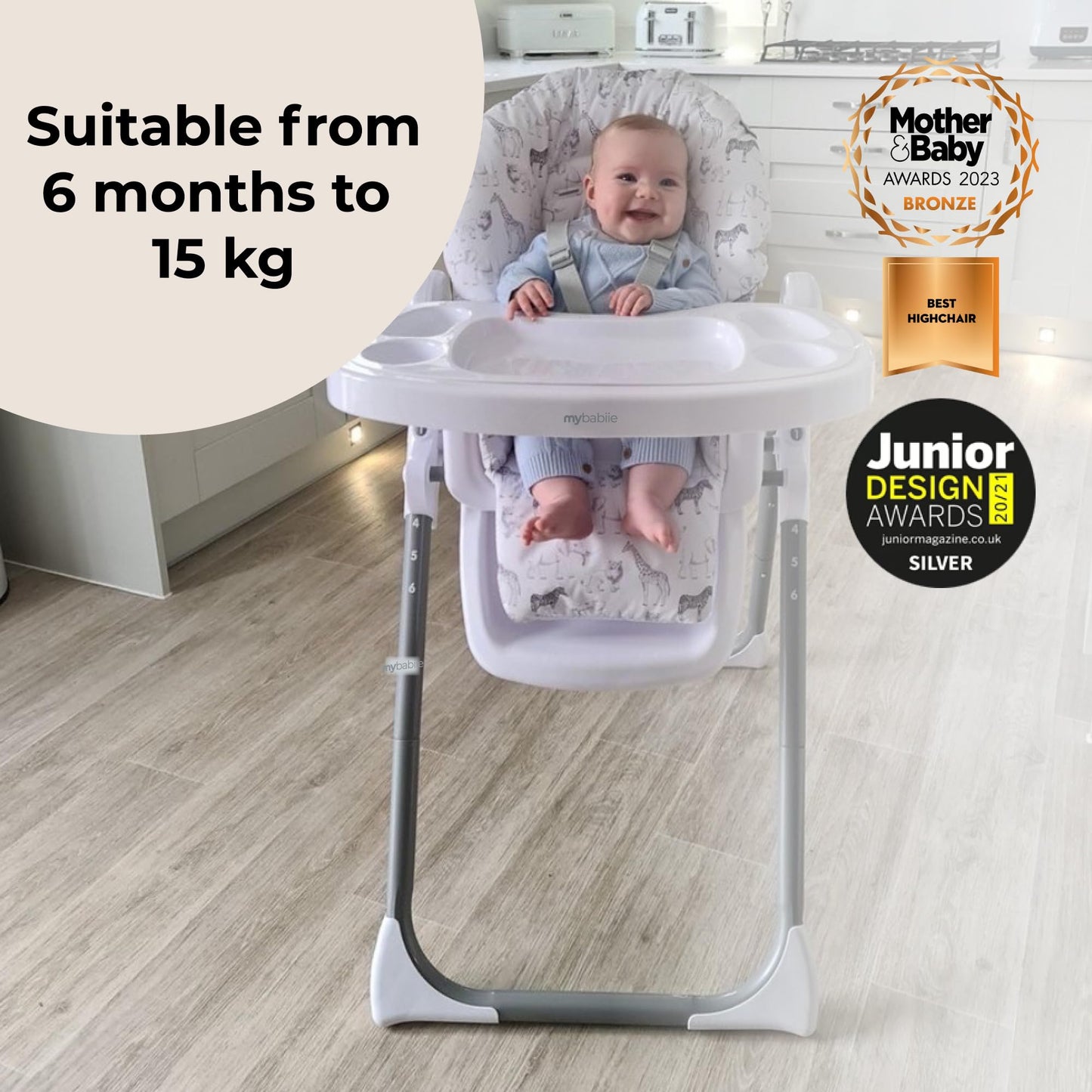 My Babiie MBHC8 Premium Highchair – Adjustable, 3 Recline Positions, 6 Height Settings, Removable Tray, Padded Seat, Foldable, for Toddler, from 6 Months to 3 Years (15kg) – Safari