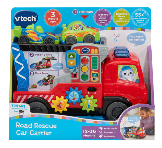 VTech Road Rescue Car Carrier, Interactive Car Carrier Truck, Includes 2 Cars, 55+ Sound Effects, Motor Skills Development, Suitable for Ages 12, 18, 24 Months, English Version