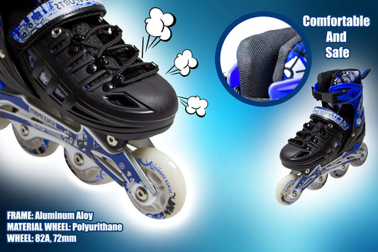 Scale Sports - Adjustuble Roller Skates with light up wheels for children and adults - Kids Inline Roller Skates (black-blue, UK 5-7 (EU 38-41) L)