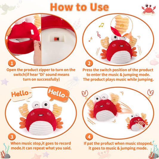 nicknack Crawling Crab Baby Toy 6 to 12 Months, Musical Dancing Crab Sensory Plush Toddler Toys for Babies 1 2 Year Old Boy Girl Birthday Gifts - Adjustable Volume,100 Songs & Recording Feature