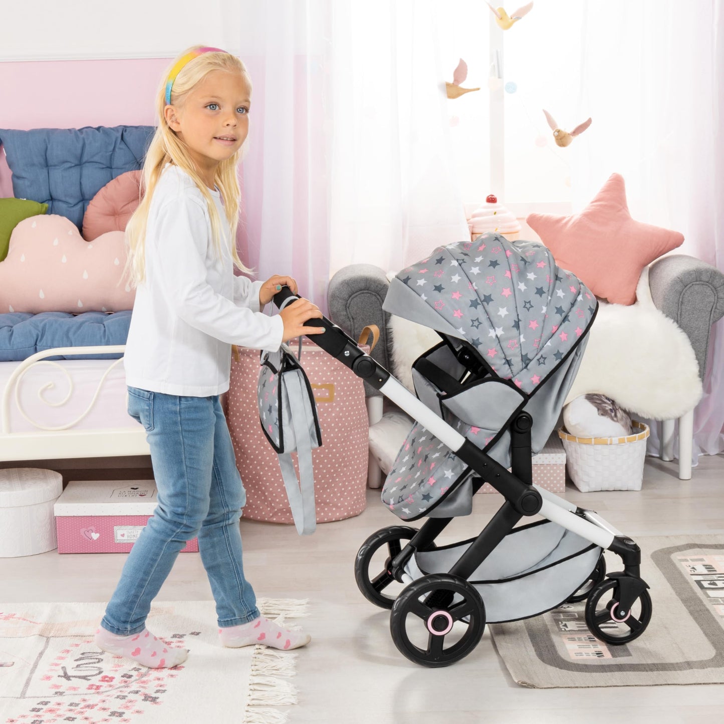 Bayer Baby Dolls Pram XEO in light grey and pink stars with adjustable handle, convertible doll stroller for girls and tall dolls.
