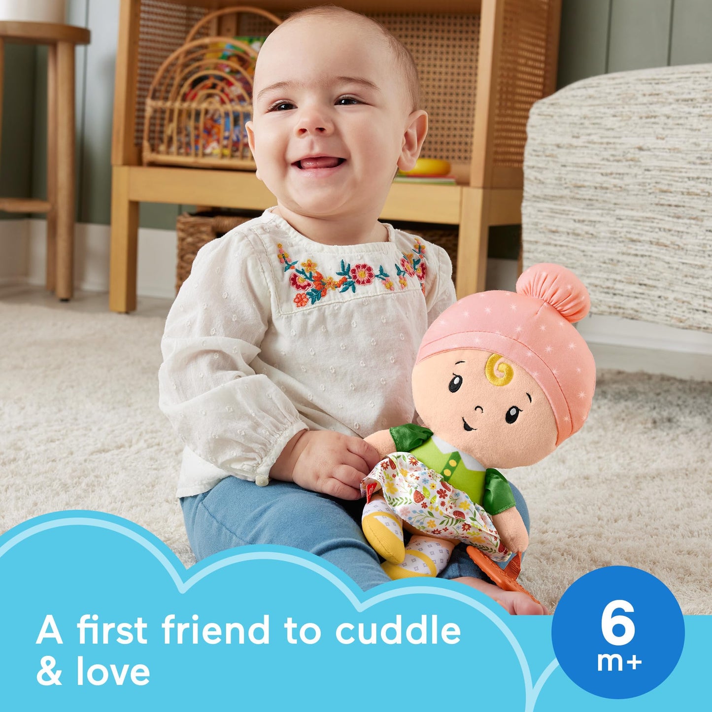 Fisher-Price baby sensory toy cuddle and chime first babydoll for infants 6+ months, soft fabric with colorful details