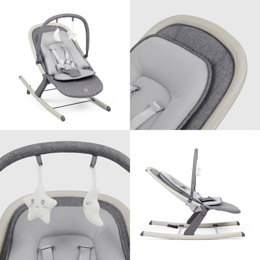 Ickle Bubba Stella baby bouncer and rocker with adjustable recline, lightweight frame, removable toy bar, and washable fabric.