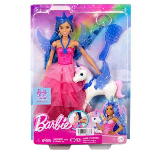 Barbie 65th Anniversary Unicorn Toy doll in pink gown with blue hair, sapphire wings, and pet alicorn.
