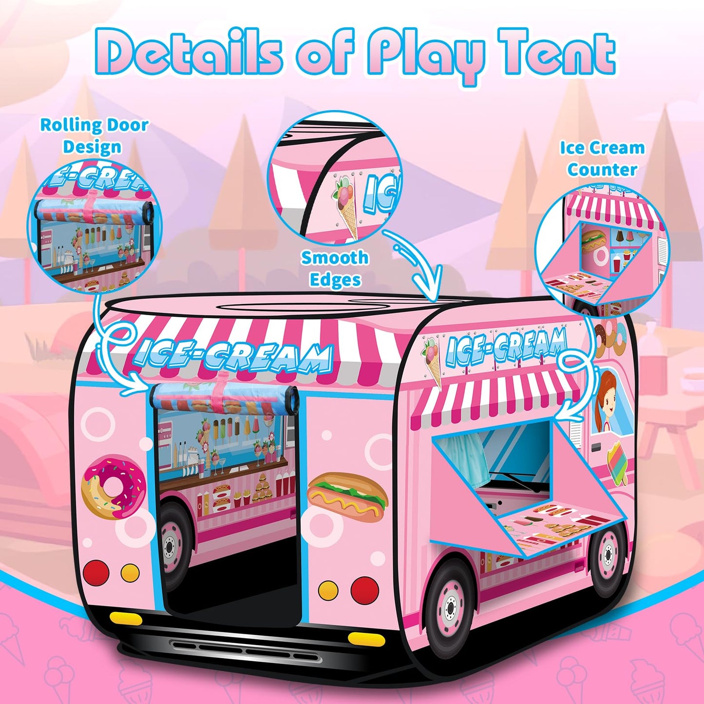deAO Ice Cream Truck Foldable Play Tent –Children Play House Indoor Outdoor Play Toy Great Gift for Girls Boys 3 4 5 Years Old