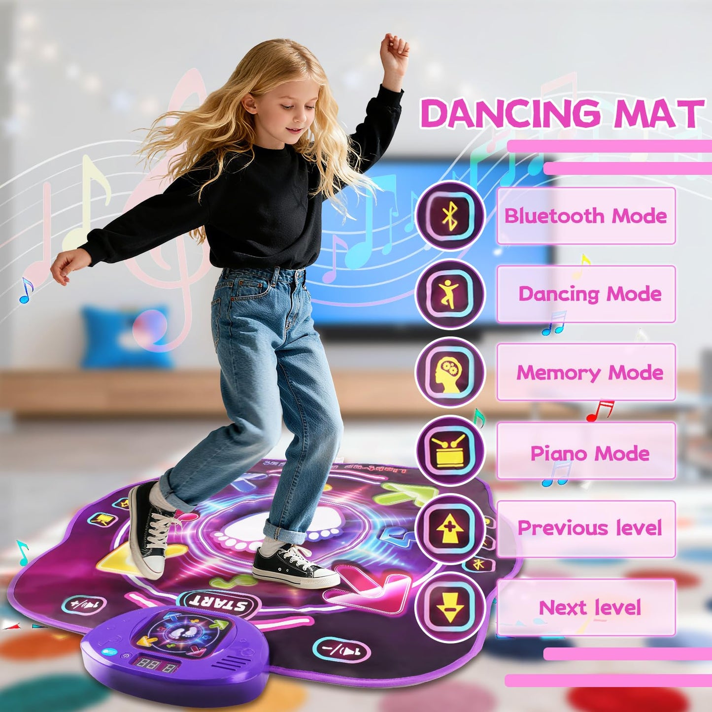 AmyBenton dance mat for kids featuring wireless Bluetooth, light-up music, and multiple game modes, suitable for children ages 4 to 12.