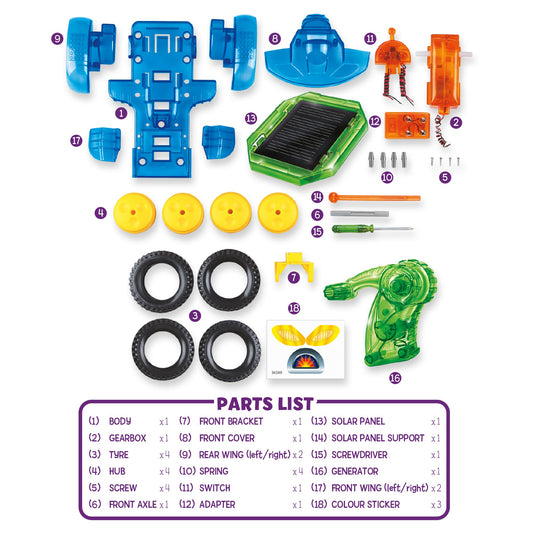 Science Mad renewable energy electric car kit for kids with solar panel and hand generator, ages 8+, STEM educational toy.