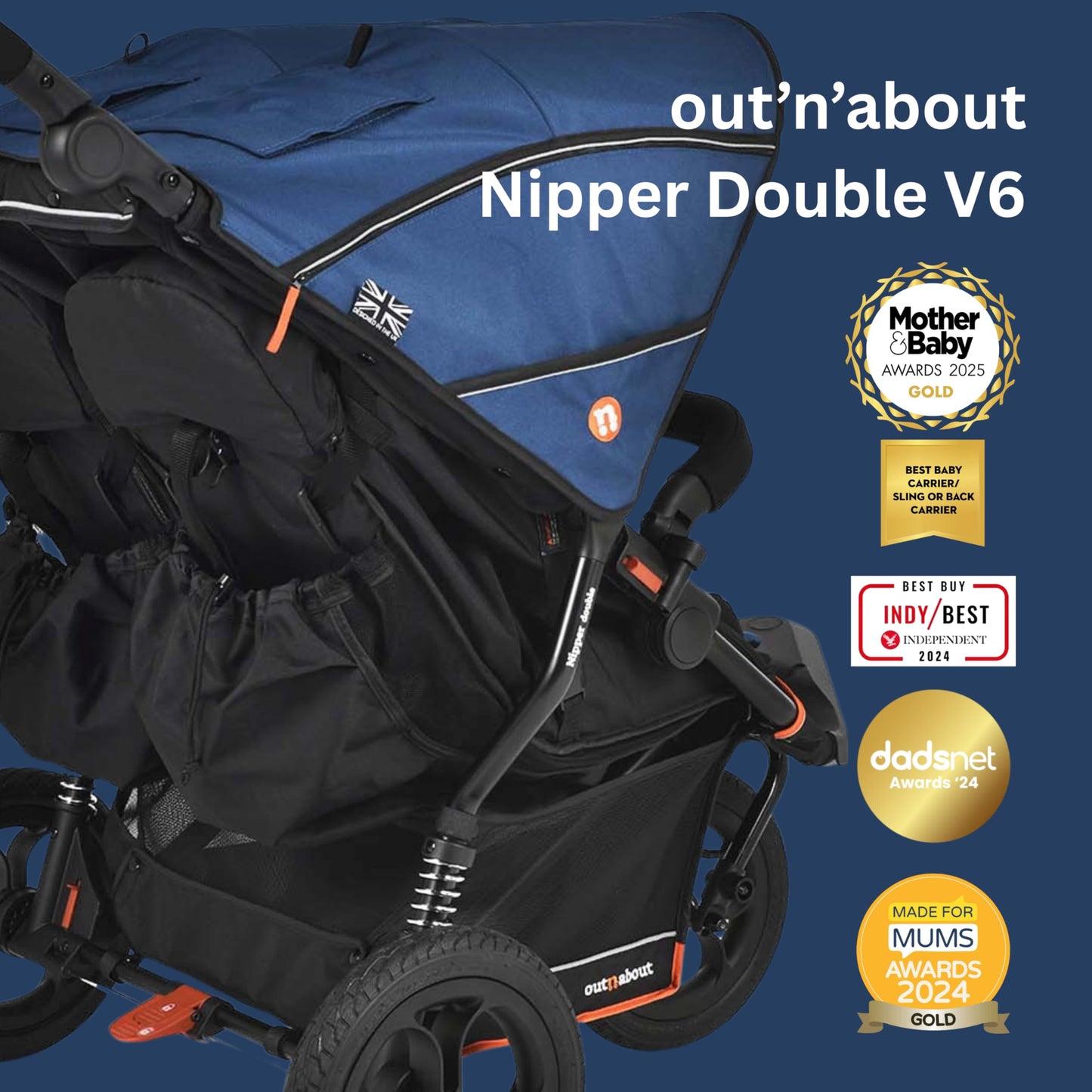Out’n’About Nipper Double V6 Pushchair | Lightweight All-Terrain Twin Buggy with Raincover, 12” Air-Filled Wheels & Compact Fold | Side-by-Side Double Stroller for Newborn to Toddler - Highland Blue