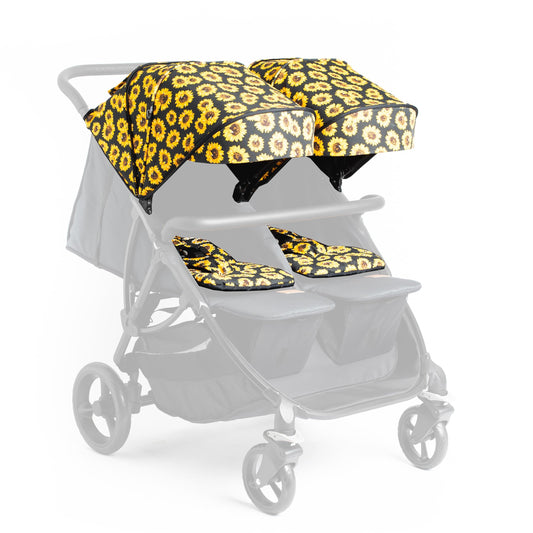 Roma Gemini Double Stroller Colour Pack- Sunflower -Compact Side by Side for Newborns, 69cm Wide, 22kg Per Seat, Magnetic Harness, Easy Set Up, Puncture Proof Wheels, 102cm Handle, Rain Cover Included