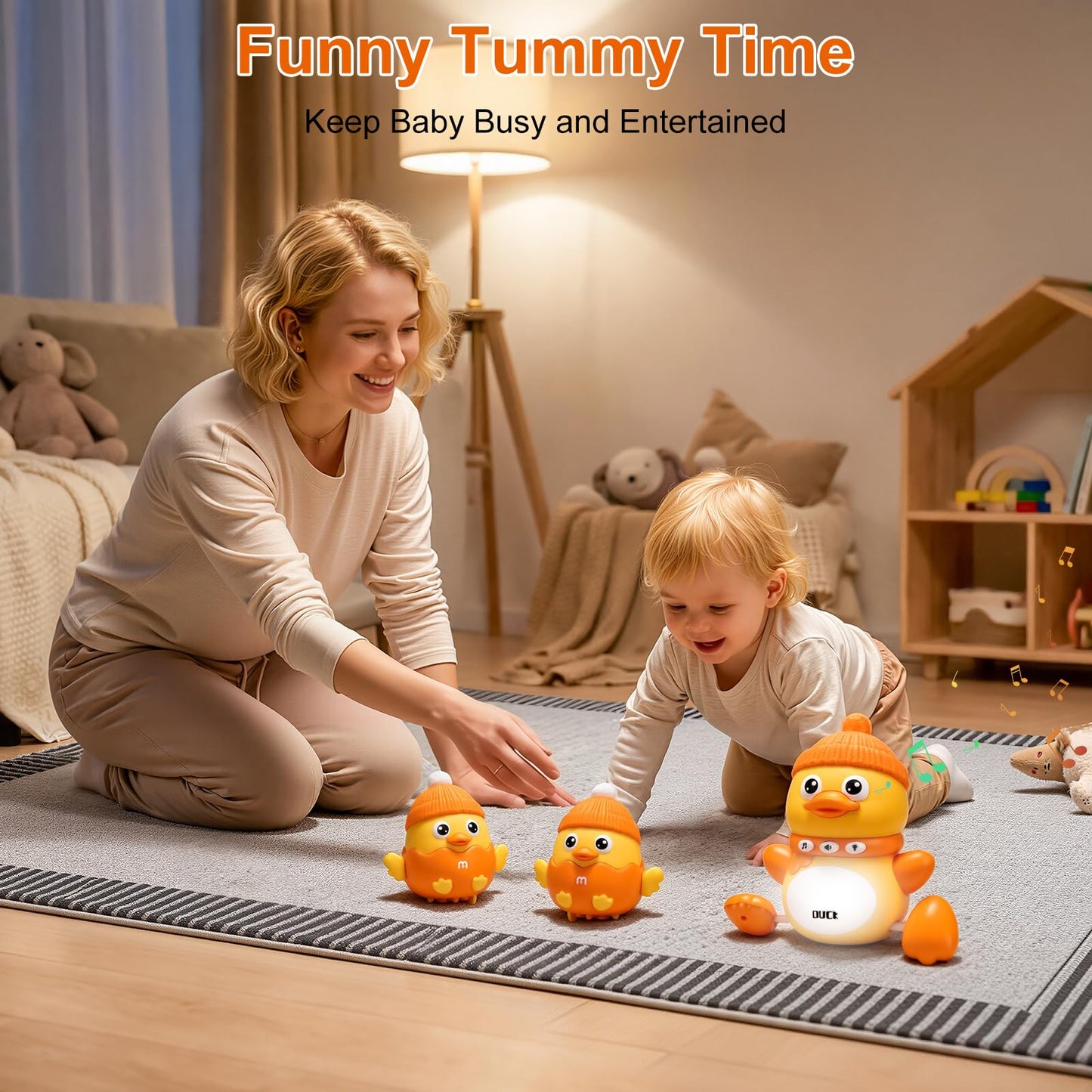 Colorful QASUN baby sensory toys for 6 to 12 months, featuring light-up and musical elements for tummy time and play.