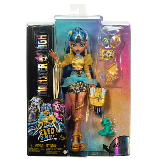 Cleo De Nile doll in golden blouse and layered skirt with pet cobra Hissette and accessories like backpack, snack, and scroll.