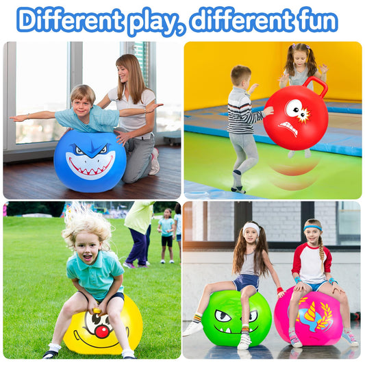 Hymaz Space Hopper for Kids Age 3-12, 3PCS Bouncy Ball 18 Inch with Handle, Inflatable Jumping Hopper Balls for Kids Outdoor Garden Party Games, Ride on Spin Toys Balance Exercise Fun