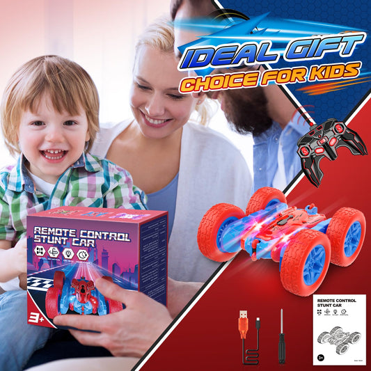 Dreamlandia remote control car with 360 flips, LED headlights, 4WD, 2.4GHz, and a rechargeable battery, suitable for kids aged 3-9.