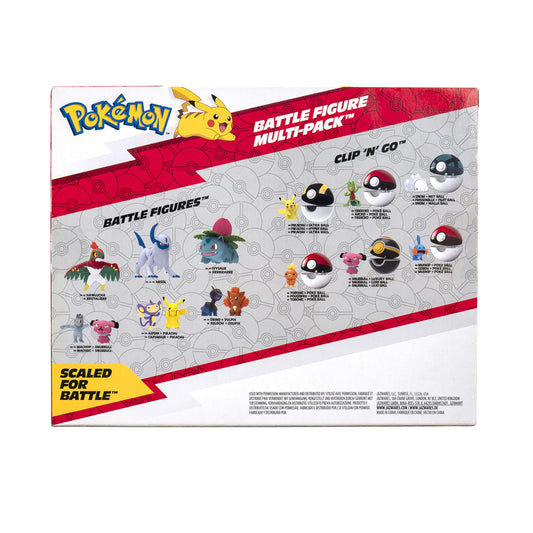 Pokémon Battle Figure 6 pack featuring 2-inch figures of Pikachu, Squirtle, Charmander, Bulbasaur, Mimikyu, and Toxel.