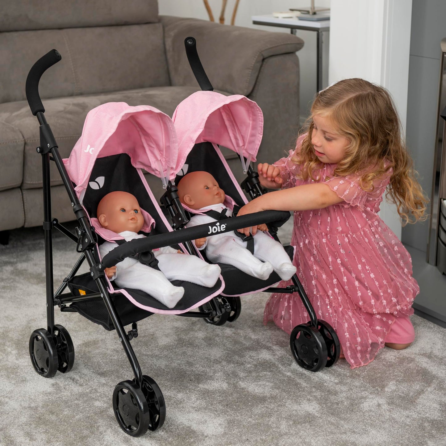 Joie Aire Twin Pushchair | Childrens Double Stroller Pram In Black & Pink | Childrens Baby Doll Stroller Toy Umbrella Fold Stroller | Role Play Toy Dolls Buggy Pushchair | Ages 3+