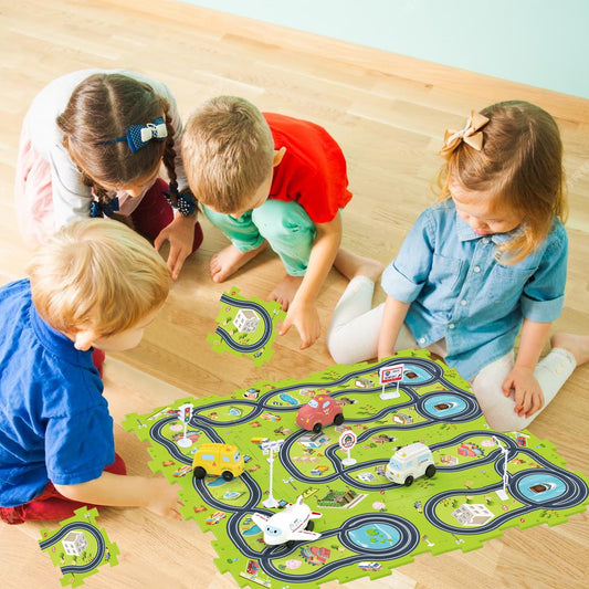 Bearbao Toddler Toys Gifts for 3 4 5 Year Old Boys, Total 16 Pieces Jigsaw Puzzle Racer Track Car Set with 2 Cars for Kids Boys 3-5, Puzzle Tracks Car Toys Gifts for 3 4 5 Years Old Boy Kids
