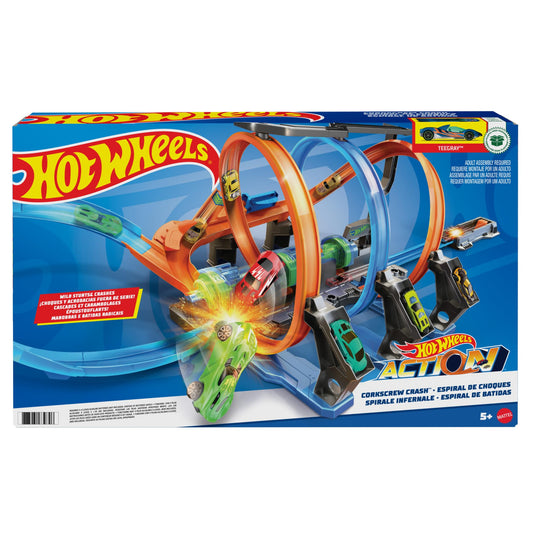 Hot Wheels Track Set and Toy Car, Large-Scale Motorized Track with 3 Corkscrew Loops, 3 Crash Zones and Toy Storage, FTB65