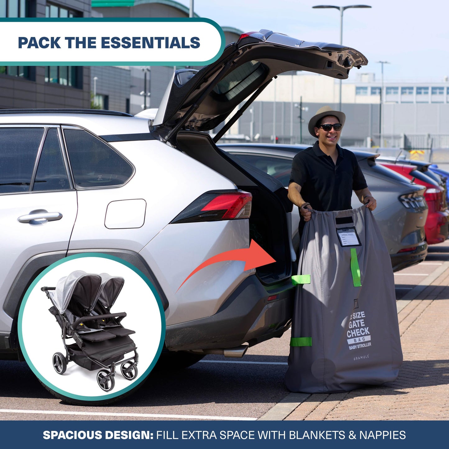Bramble - XL Stroller Bag for Airplane - Extra Large Pram Bag for Airplane Travel - Water Resistant Double Pushchair Buggy Cover for Gate Check (Grey)