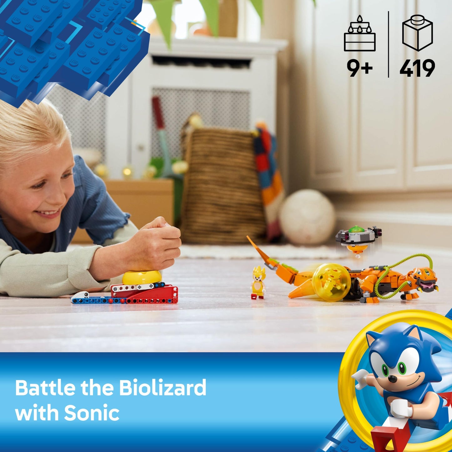 LEGO Sonic the Hedgehog Super Shadow vs. Biolizard building toy set with Sonic, Shadow, Biolizard, and Chaos Emerald figures.