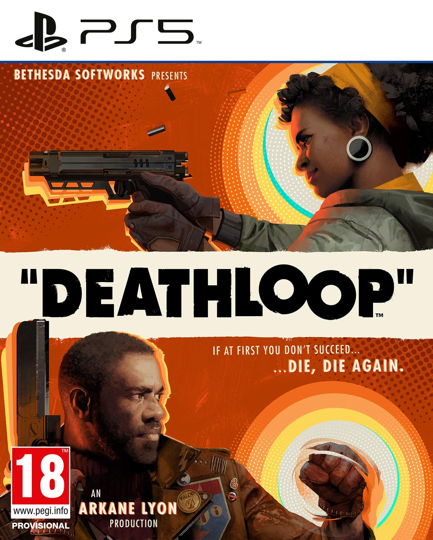 Deathloop PS5 game case by Bethesda showing cover art featuring a stylized character and vibrant, futuristic background.