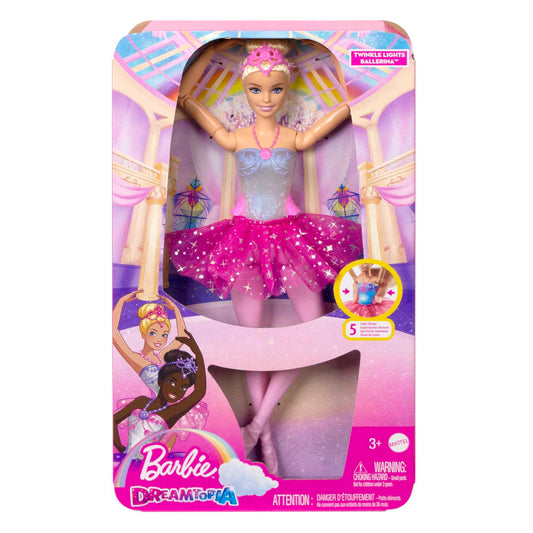 Barbie Dreamtopia Twinkle Lights Ballerina Doll in pink tutu, royal headband, and blonde hair with light-up feature.