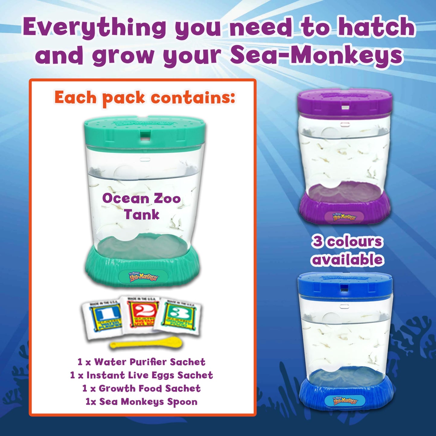 The Original Sea Monkeys - Ocean Zoo - Grow Your Own Pets Science Kit- Includes Eggs, Food, and Water Purifier, Color May Vary